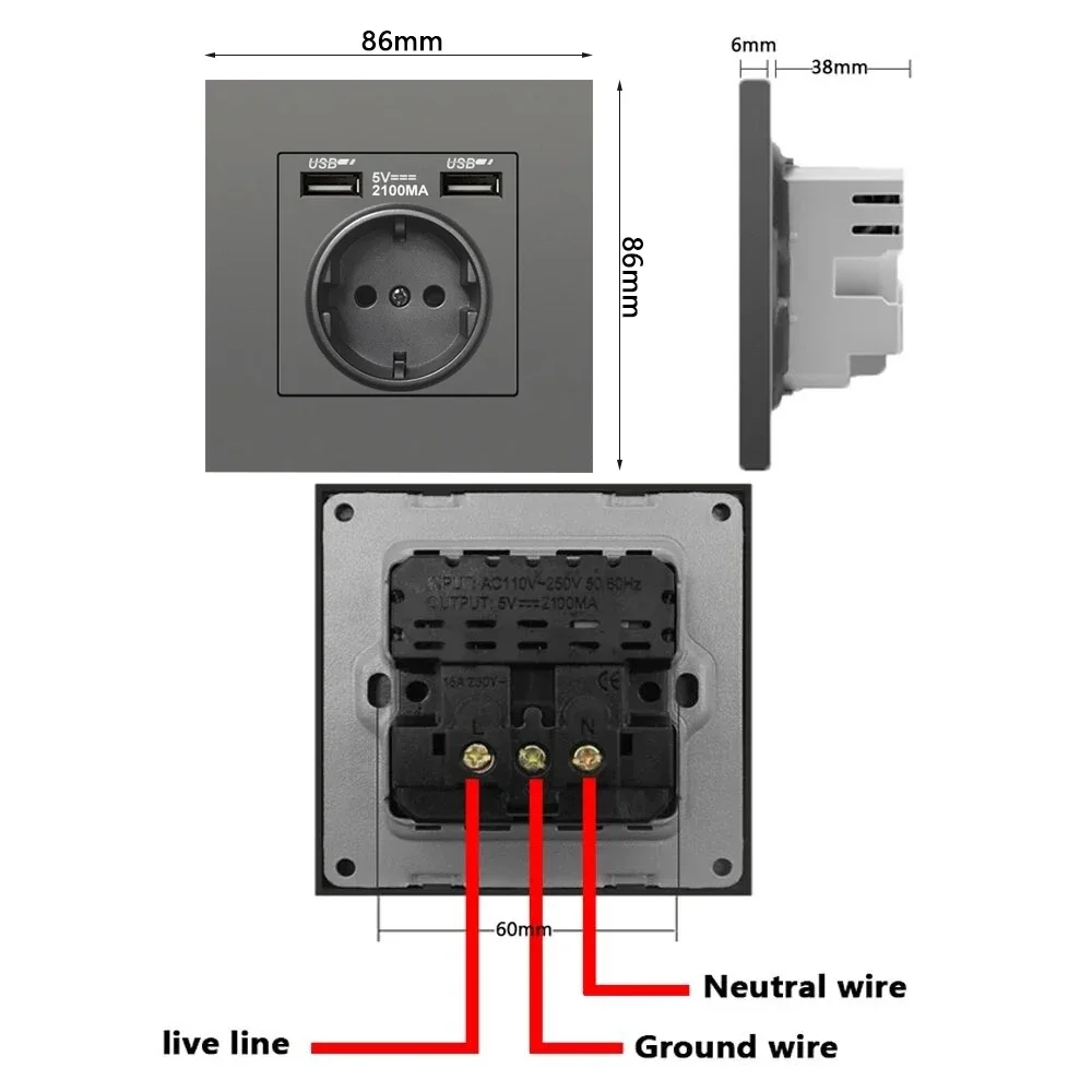 EU Wall Power Socket with usb charging for home,Type-c 2.1A Usb Electrical plug ,220V Dual USB Russia Spain Wall Outlet PC Panel