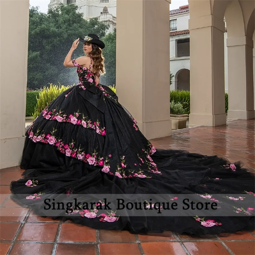 

Великолепное платье Quinceanera с цветочной вышивкой на заказ, аппликации на бретелях, корсет с галстуком, платье Vestidos 15 De Anos, бальное платье по индивидуальному заказу