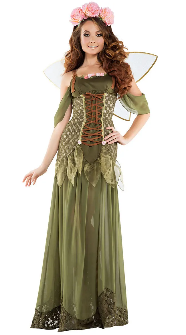 

Women Green Elf Flower Fairy Cosplay Dress Halloween Costumes with Wig Princess Angel Stage Performance Outfit Christmas Party