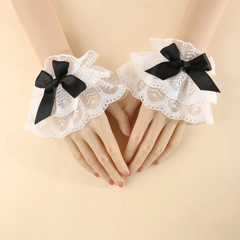 Sweet  Lolita Lace Bowknot Wrist Cuffs Bride Wedding Party Fake Sleeves Bracelet Girls Cosplay Costume Accessories