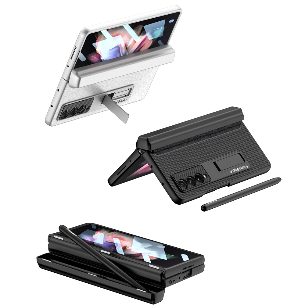 Magnetic Hinge Plain Leather Case For Samsung Galaxy Z Fold 3 All-included Protective Pen Holder Cover For Galaxy Z Fold3 4 Case