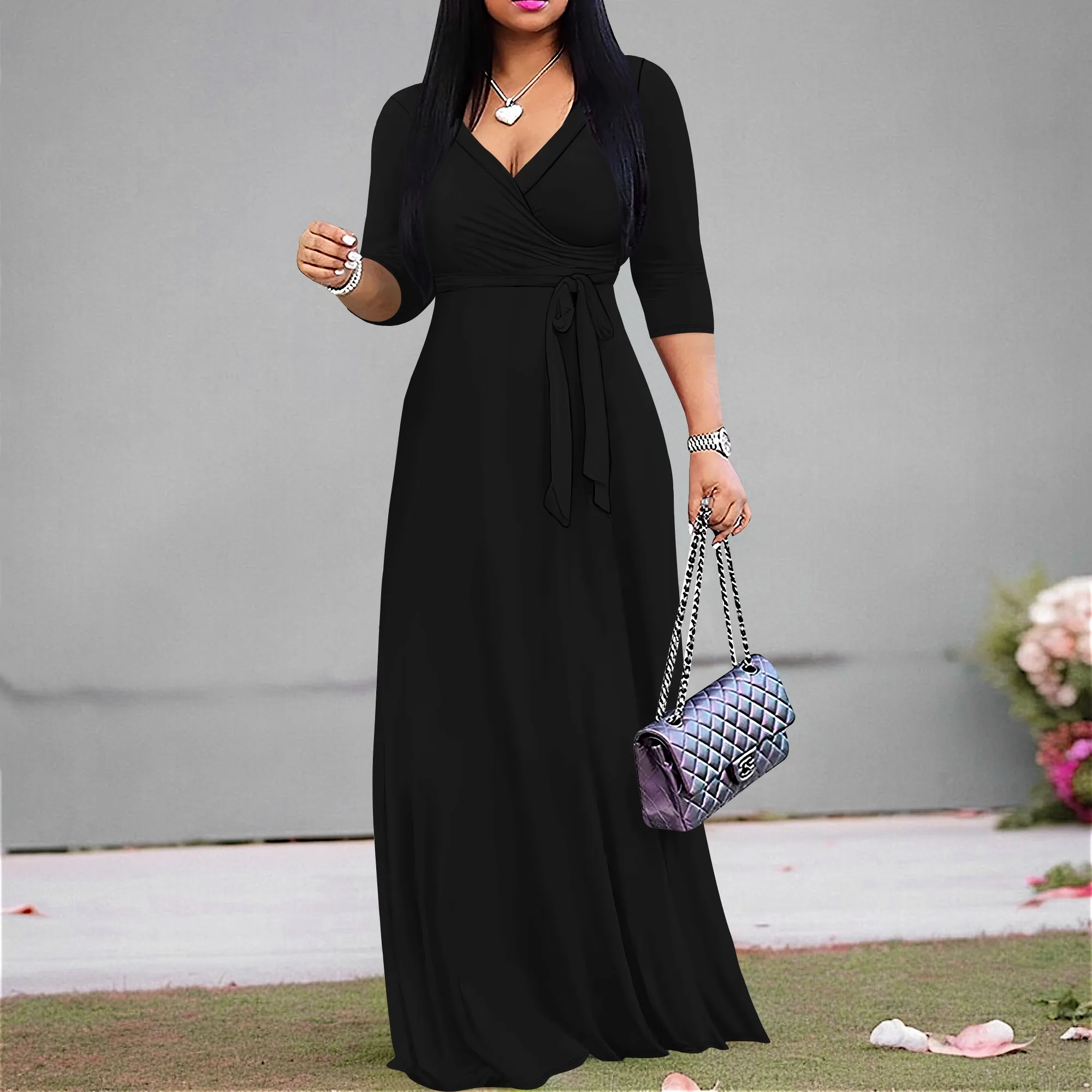

Plus Size Women Vacation Sundresses 3/4 Sleeves Deep V-Neck Flowy Maxi Dress with Belt Shade of Blue Summer Beach Dresses