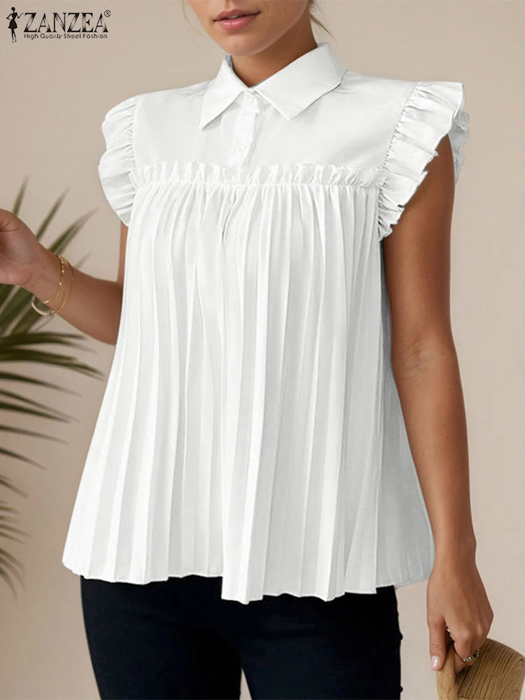 

2025 ZANZEA Women Summer Lapel Neck Short Sleeve Work Blouses Office Pleated Shirt Stylish Ruffles Tops Casual Holiday Blusas