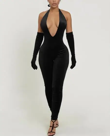 

Autumn and Winter Women's Hanging Neck Tied Rope Backless Half Sleeved Solid Color Hip Hugging Nine Part Jumpsuit