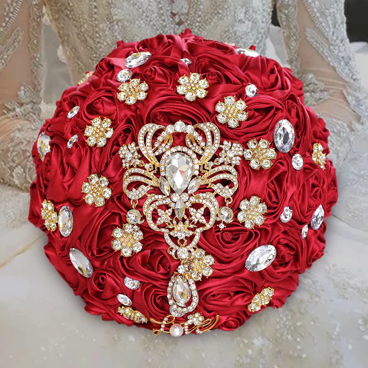 1 pzas/lote rosa roja ramo de novia de lujo Joaquin Rhinestone satén flor Artificial dama de honor ramo eterno de boda