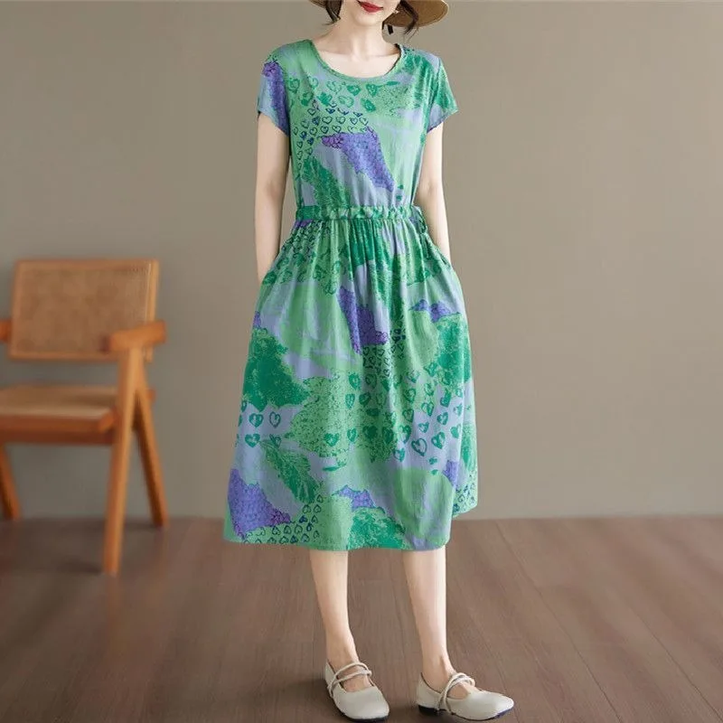 Women Abstract Print Drawstring Waist Cotton Midi Dress Short Sleeve Loose Summer Casual Dress