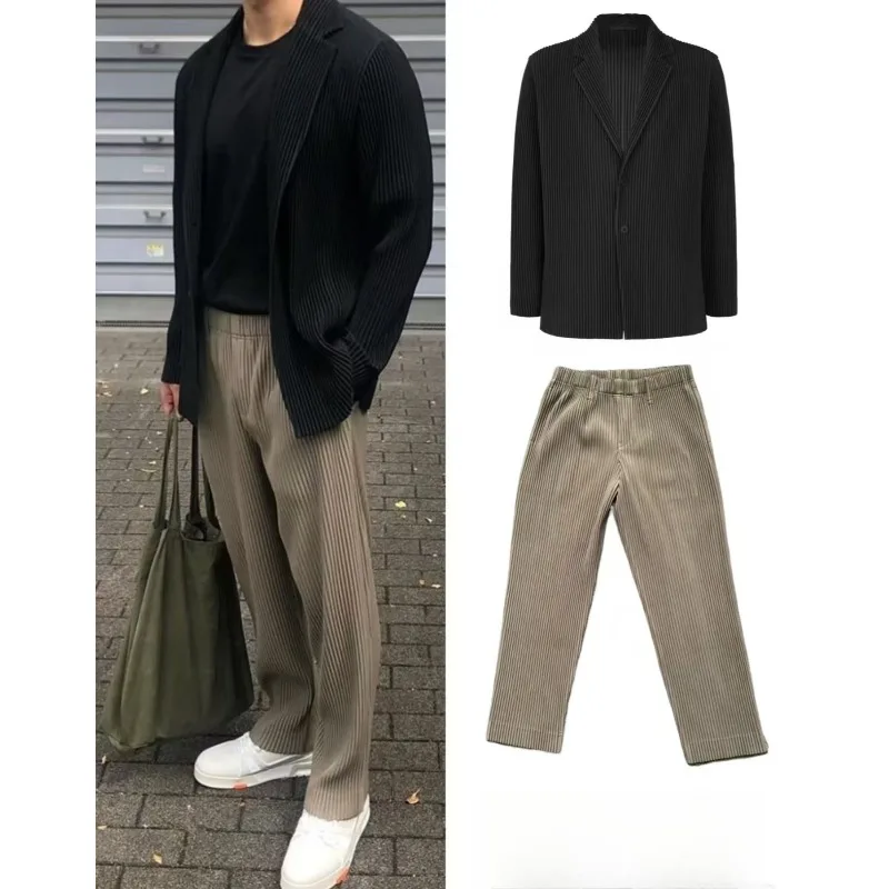 Miyake Pleated Men's Suit 2025 Fall New Draped Loose Jacket+Wide-Leg Pressure Pleated Straight Pants Summer Casual Western Pants