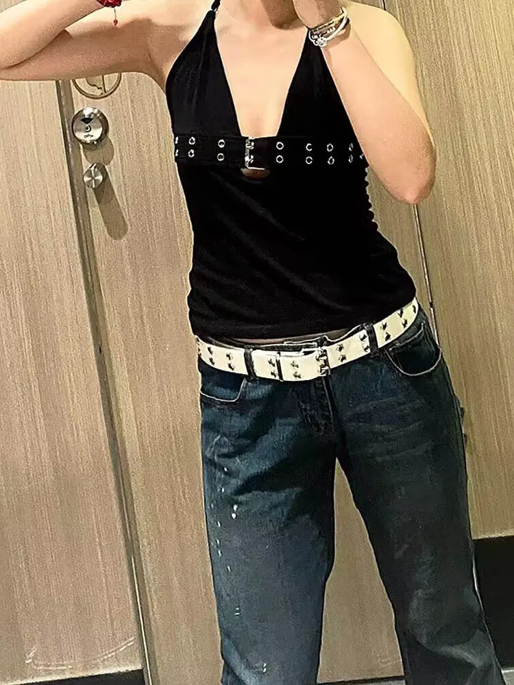 2025 Spring New Sexy Japanese style Buckle V-neck Low cut Hanging Neck Tight and Exposed Umbilical Bottom Small Tank Top