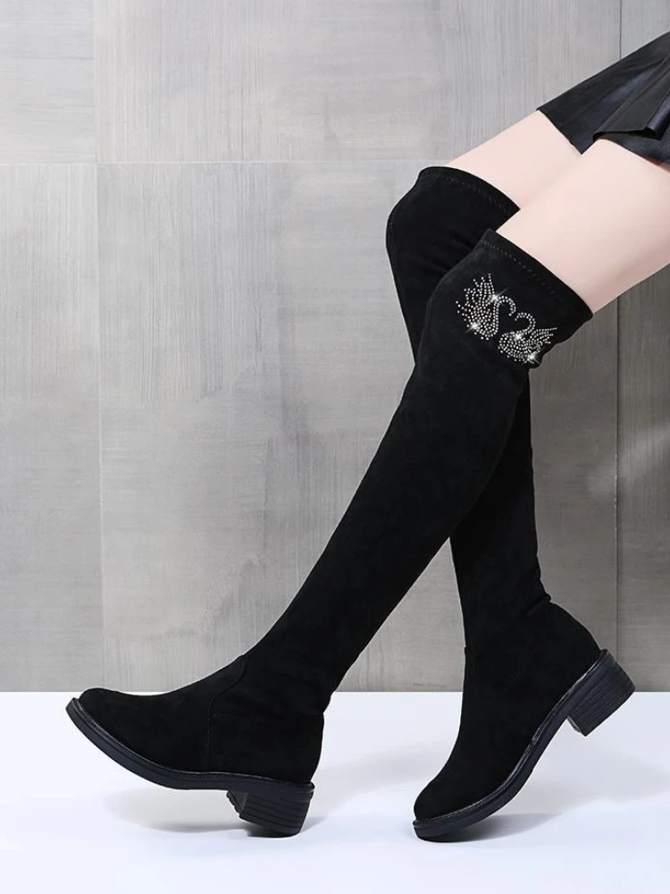 

Women's 2025 New Autumn Winter Rhinestone Stretch Over The Knee Boots Black Velvet Leather Slimming Versatile High Boots