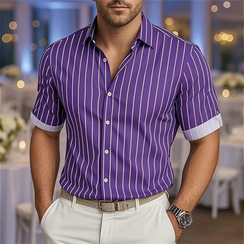 Men's Fashion Striped Loose Short Sleeve Shirt Casual Breathable Lapel Button Shirt Soft and Comfortable Festival Top