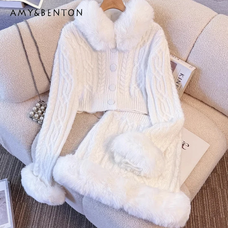

Женский топ с белым съемным меховым воротником во французском стиле, осень-зима 202, новые элегантные трикотажные мини-юбки с высокой талией, женские комплекты