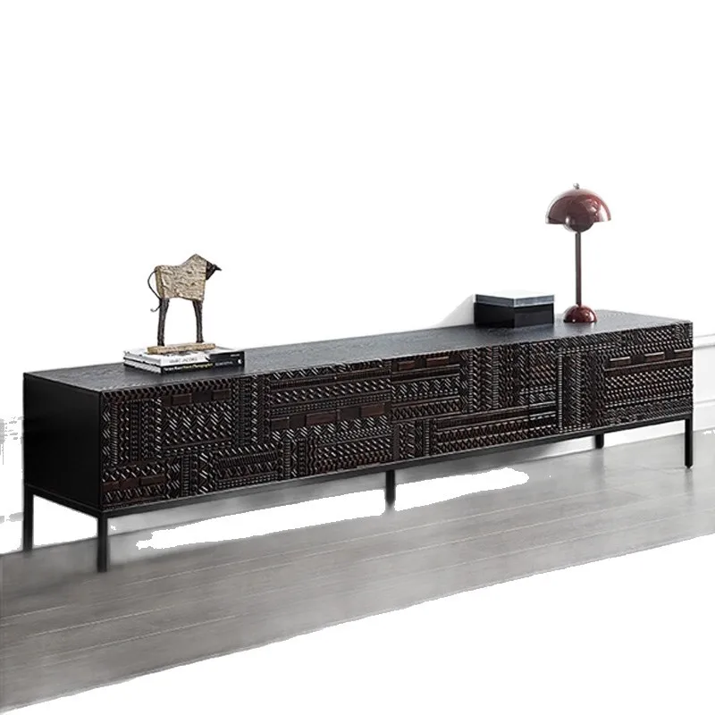 Nordic retro wabi-sandy wind solid wood TV cabinet Belgian medieval industrial wind hand-carved teak TV cabinet