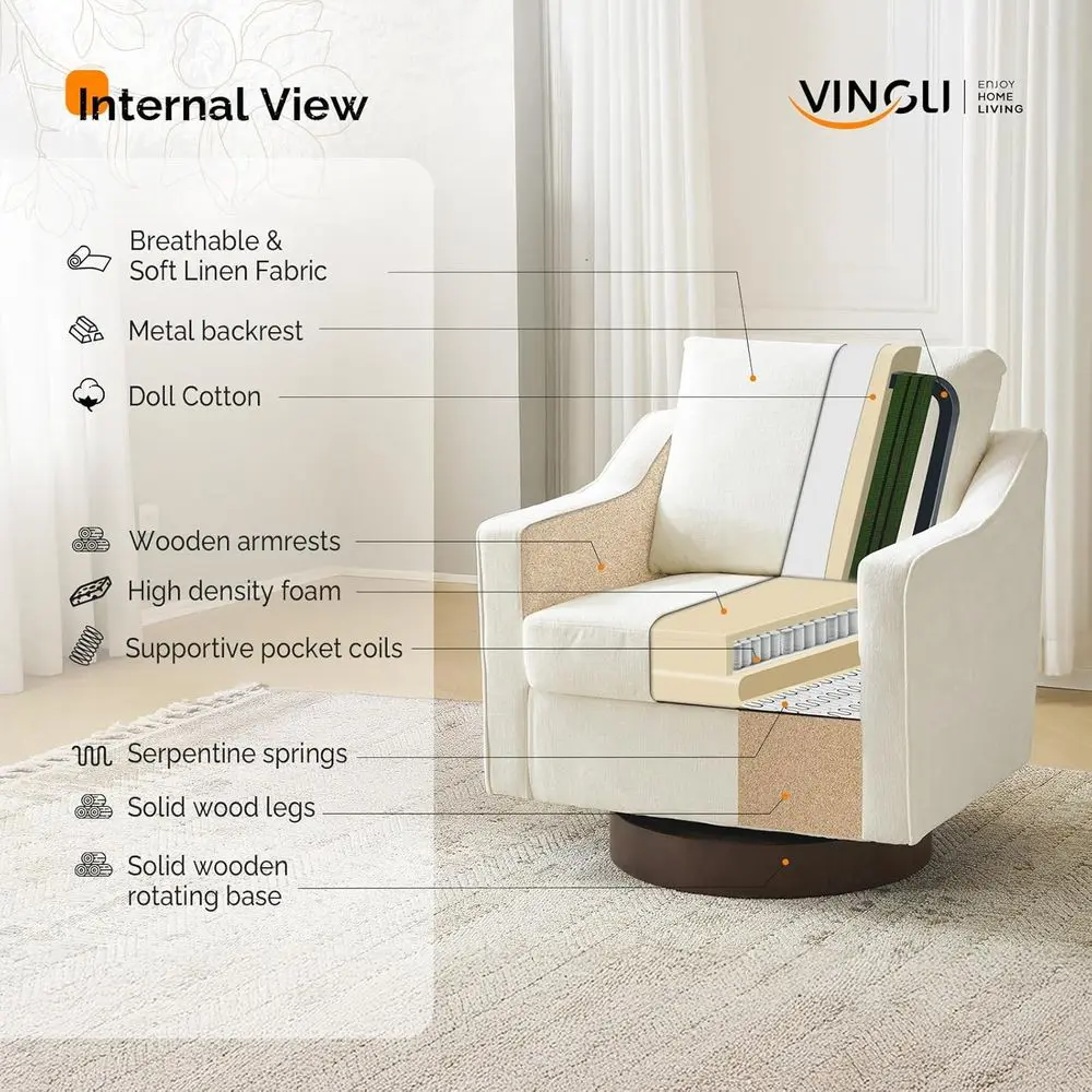 Swivel Accent Chairs Set of 2, 360° Upholstered Armchairs for Home, Living Room, Bedroom, Reading Room, Club - Chenille Beige 6