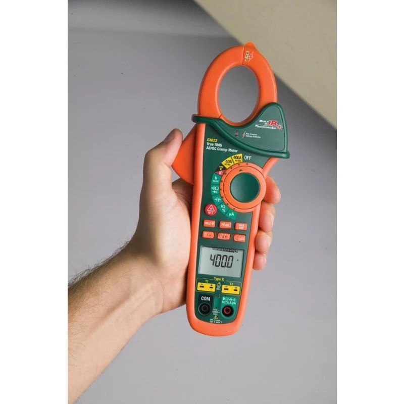 EX623 Clamp Meter com Dual Type K Termômetro Infravermelho, True RMS 400A, AC DC, NCV