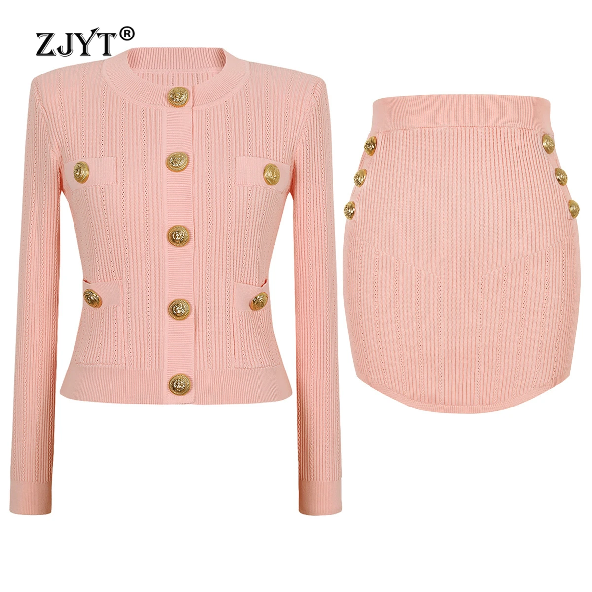 

ZJYT Knitted Dress Sets Spring Autumn Long Sleeve Cardigan Sweater Top And Skirt Two-Piece Set Elegant Pink Outfit for Parties