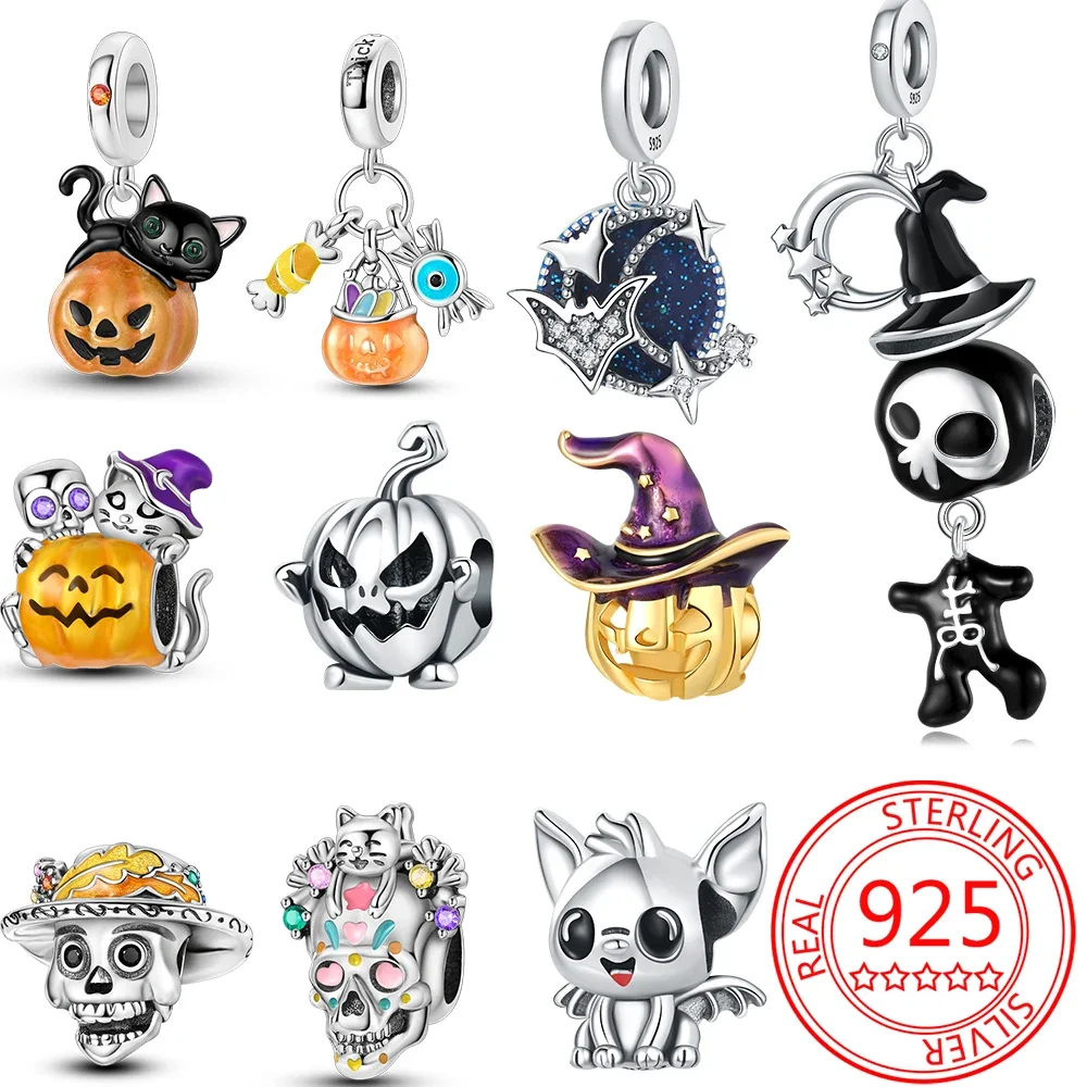 

Halloween New 925 Sterling Silver Skull Witch Pumpkin Charm Beads Fit Pandora Bracelet Original Charm for Women Jewelry Making