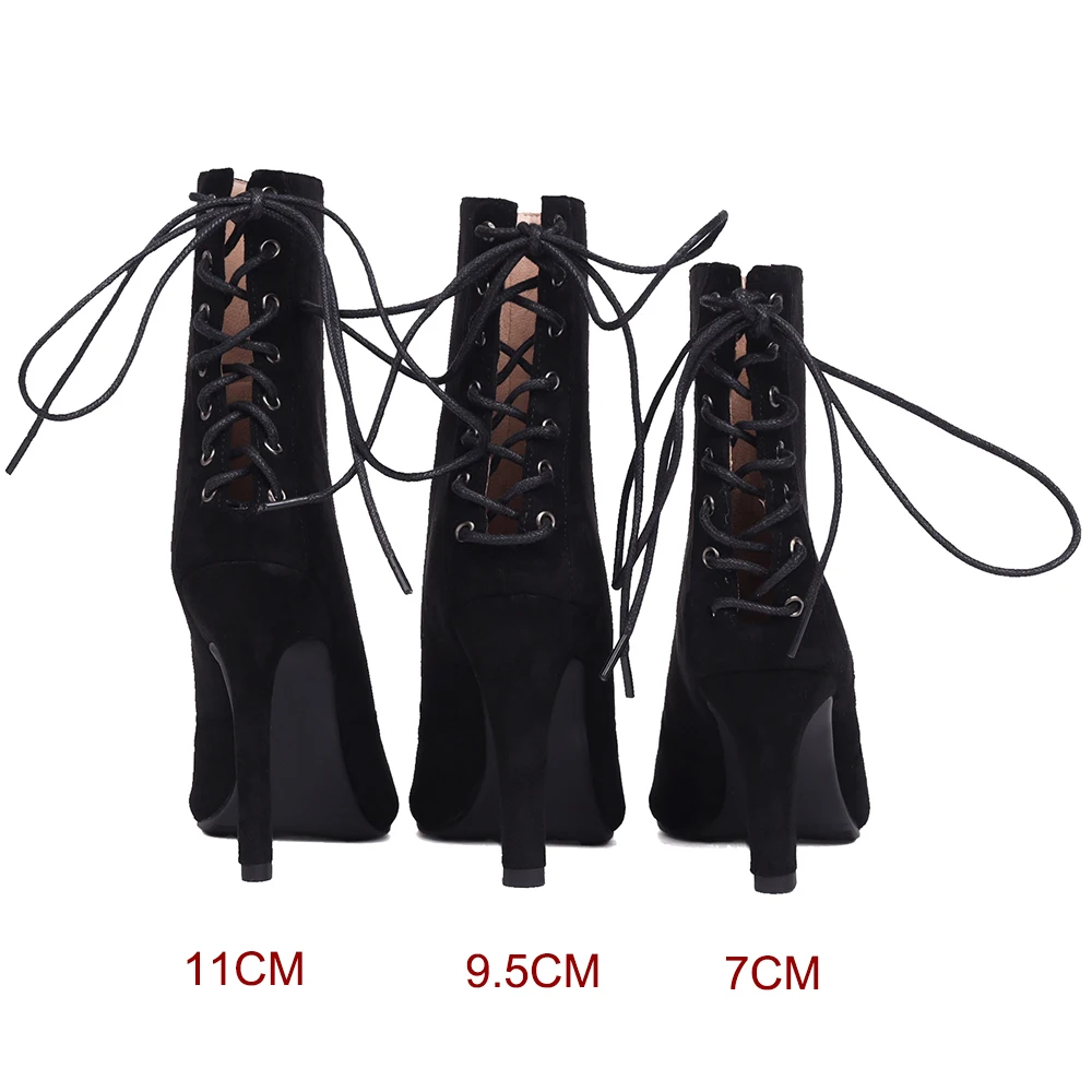 New Style Ladies Peep Toe Ankle Boots Women Suede High Heels Back Lace-Up Dance Shoes Lady Black Sexy fish mouth Booties 42