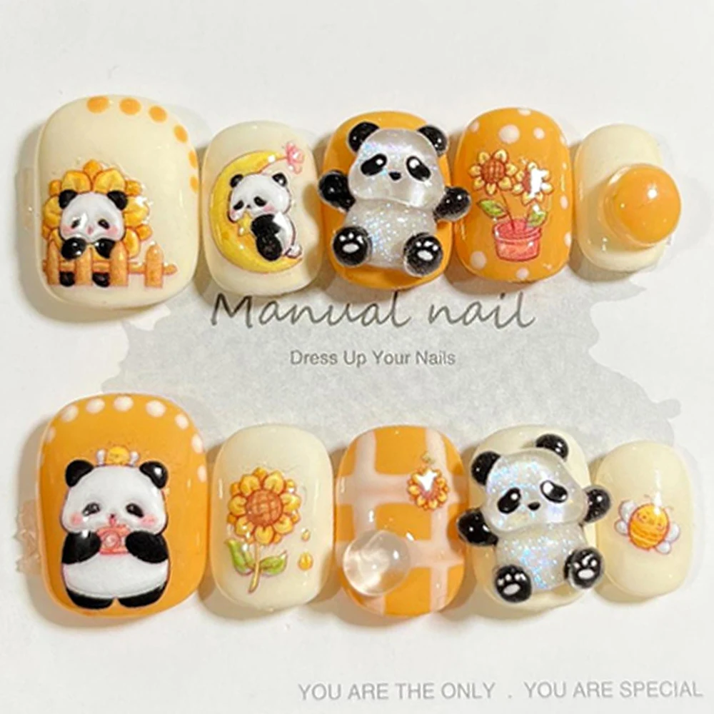 10Pcs Hello Kitty Pochacco Short Round Handmade Press On Nails Art Cute Cartoon Panda Rabbit Animal Portable Fake Nails Stickers