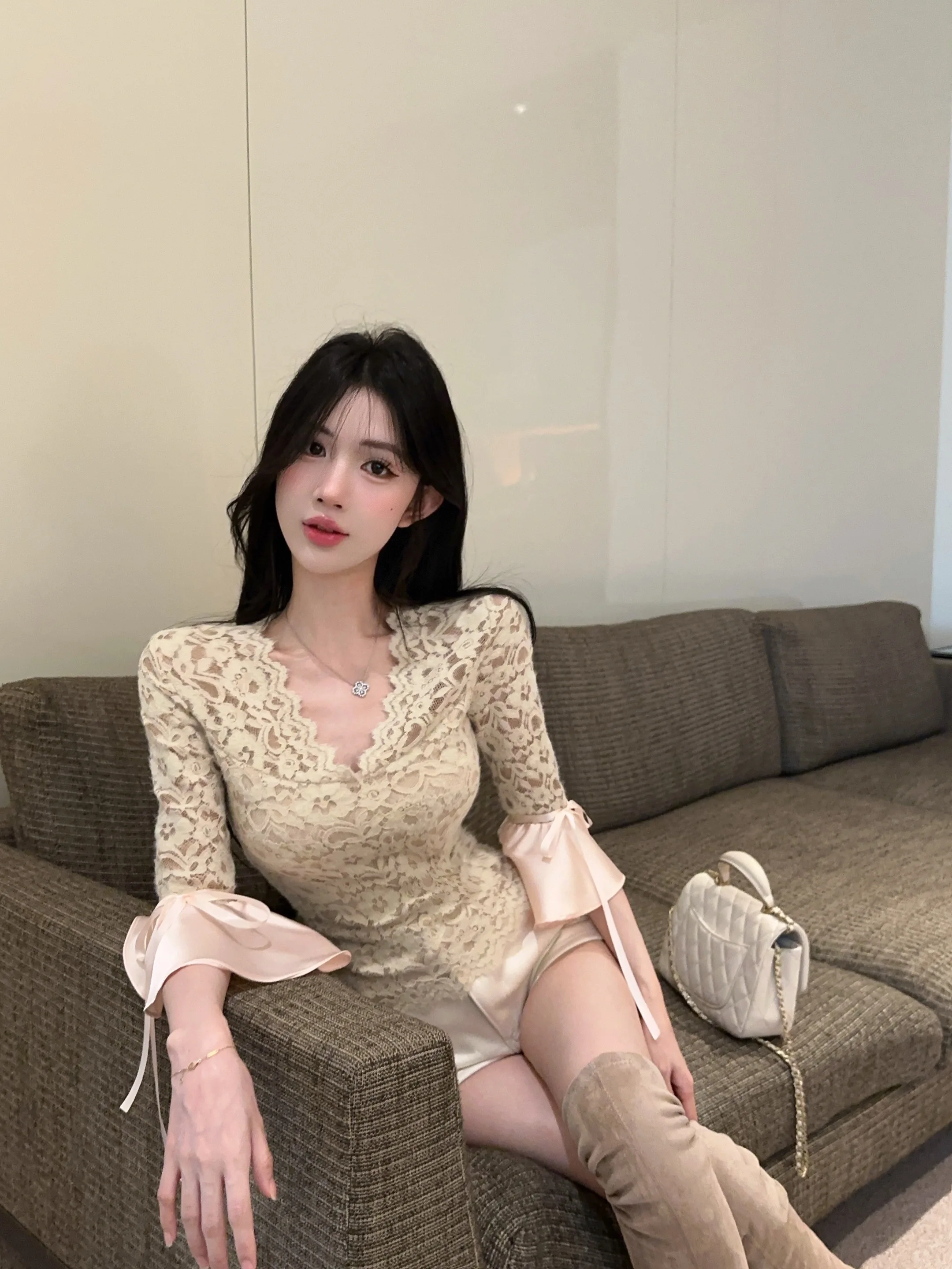 Korean Fashion Women Lace Shirt Flare Sleeve Crochet Blouse Spring Summer Sweet V Neck Slim Lady Tops