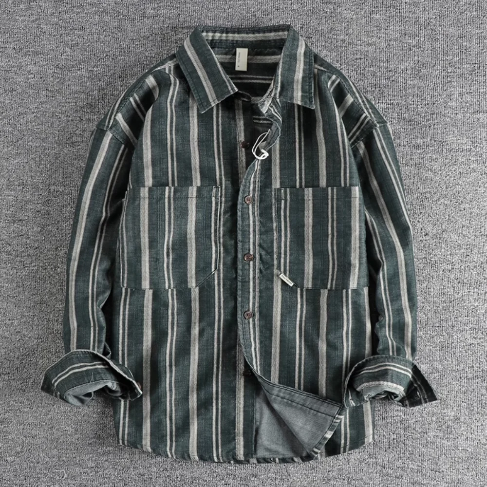 Vintage Woven Stripe Material Leisurely Men\'s Shirt Autumn Daily Street-style Versatile Young Loose Shirt Coat