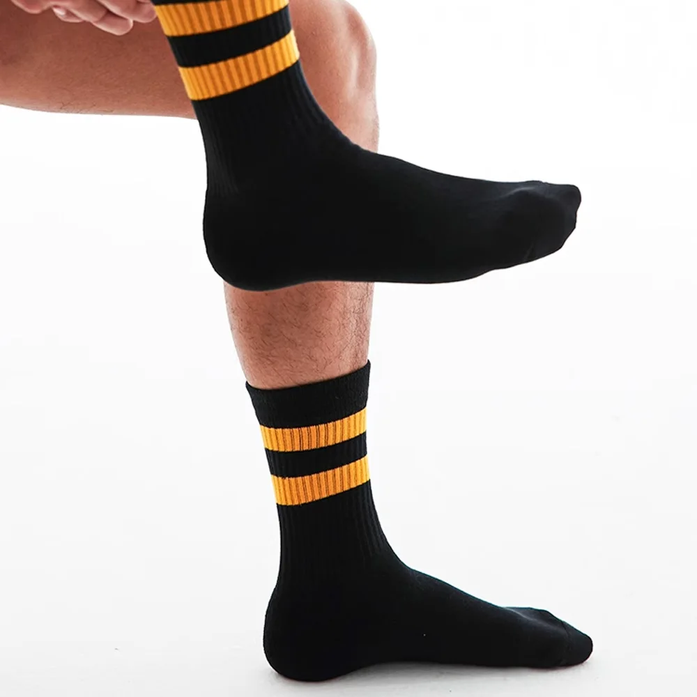 Men's Towel Bottom Black Yellow Two Stripes Orange Sports Socks Tall Fitness Socks