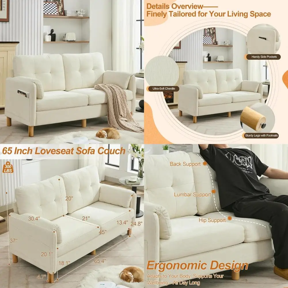 أريكة حديثة بمقعدين مع وسائد مسند للذراعين، وجيوب تخزين، وسهل التجميع، وأريكة قماش منجدة لبحر مريح #1