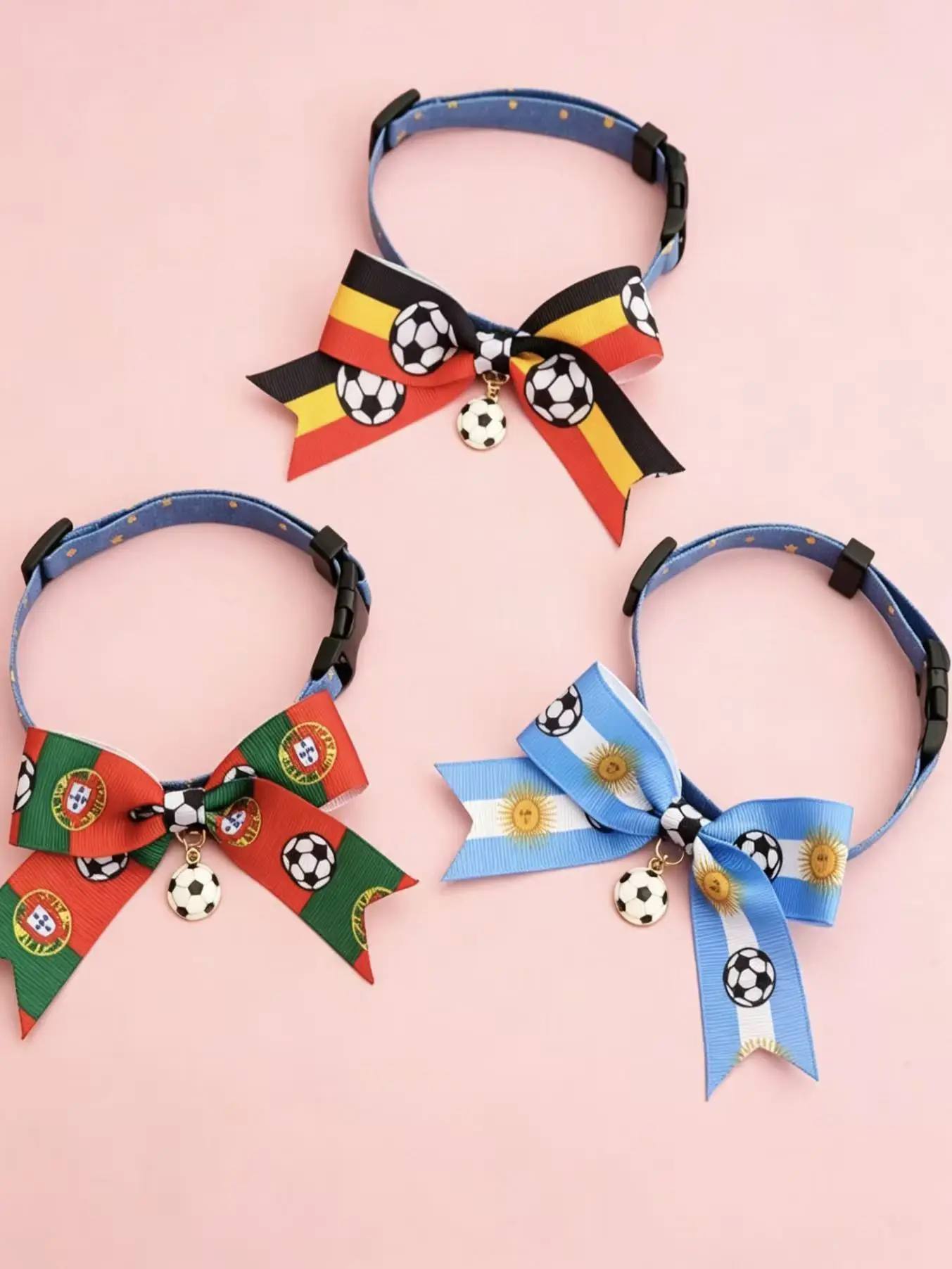 Football Style Pet Collar with Bow Tie & Soccer Charm, Safety Buckle Adjustable Cat Dog Collar, National Flag Style Pet Neck Acc - view 2