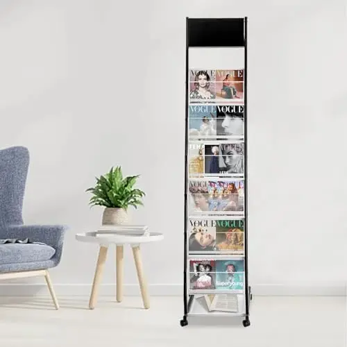6 Tiers Floor standing Magazine Holder Iron Brochure Display Stand with Wheels and Mesh Storage Basket Literature Rack