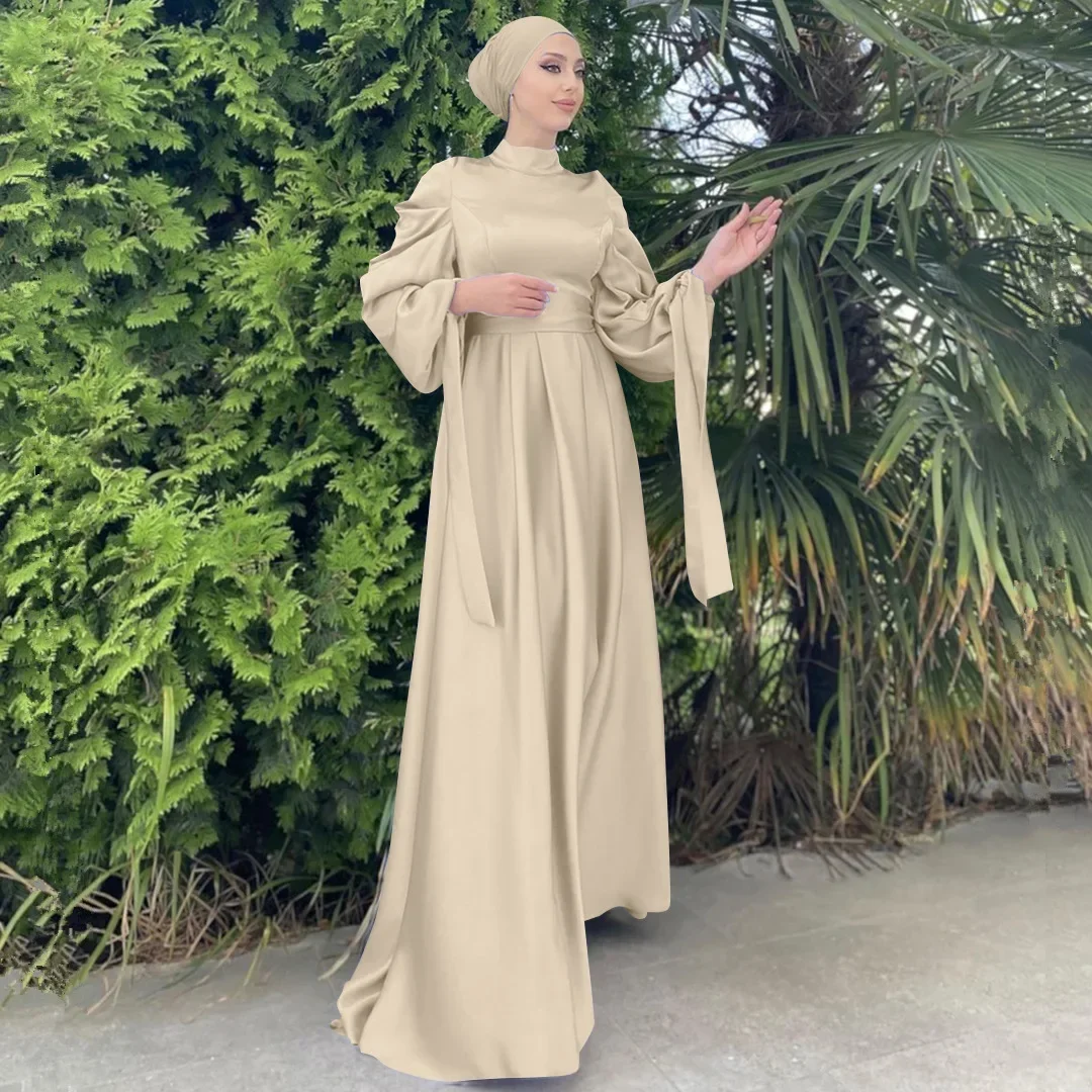 Muslim Fashion Women Islamic Satin Dress Hijab Arabic Pleated Abaya Dubai Balloon Sleeve with Ribbon Eid Evening Turkish Dresses