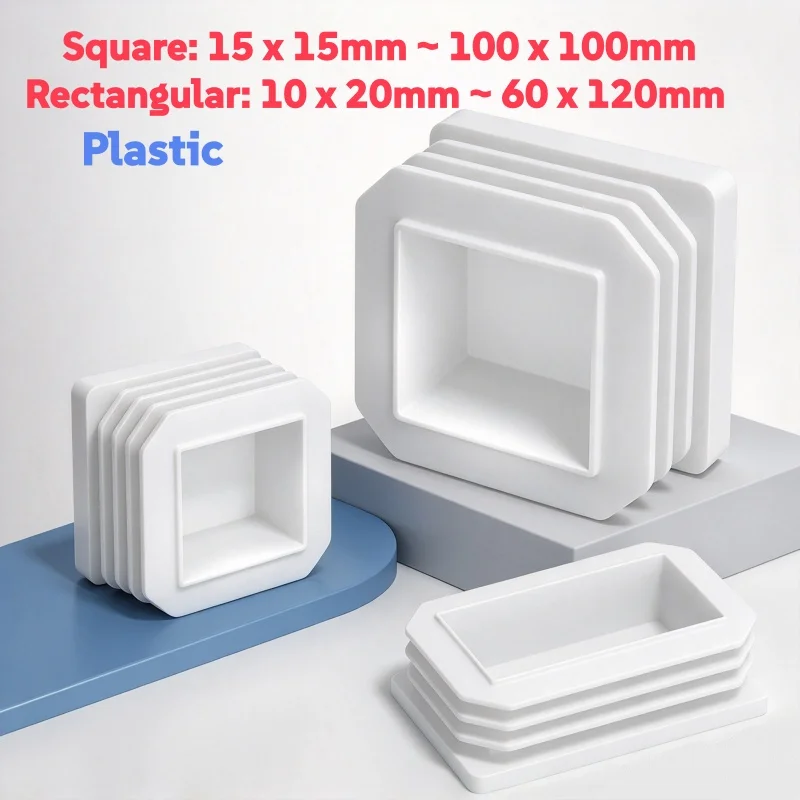 White Square/Rectangle Plastic Blanking End Cap Tube Pipe Inserts Plug Bung Cover Steel Table Chair Leg Feet Pad Anti-slip