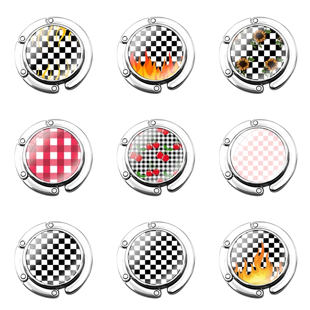 Checkered Checkerboard Flame Foldable Purse Hook for Women's Table Handbag Storage Folding Decor Table Hook