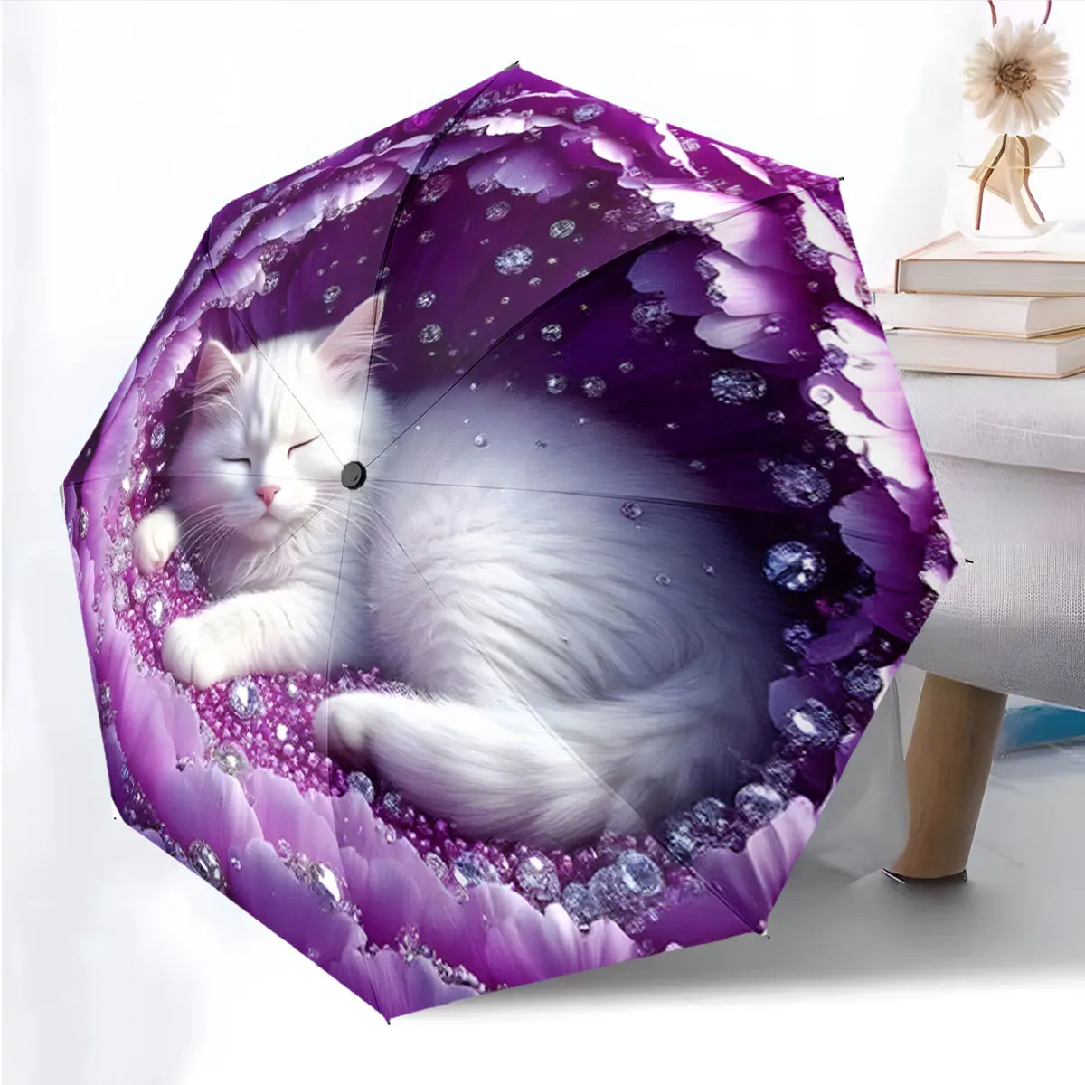 1PC Purple Paradise with Sleeping Cat Print 8 Iron Ribs Folding Umbrella Auto-Open Fashion Sunshade
