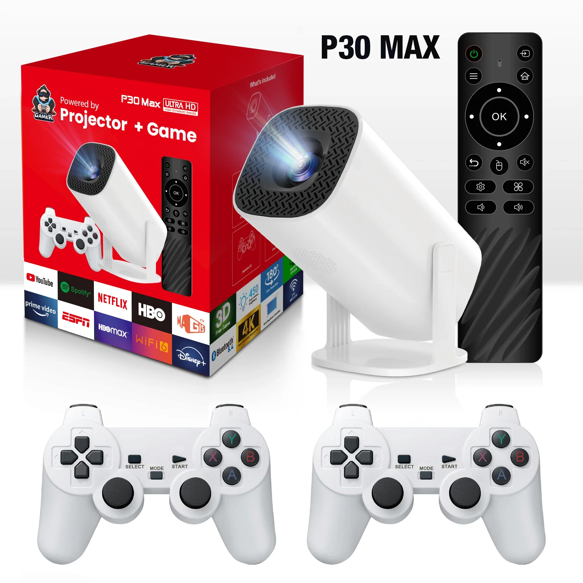 P30 Max Game Console Projector 1280*720P Android OS 11.0 with 160 ANSI Supports GBA PSP PS1 N64 NEOGEO NES SFC Simulator with TF