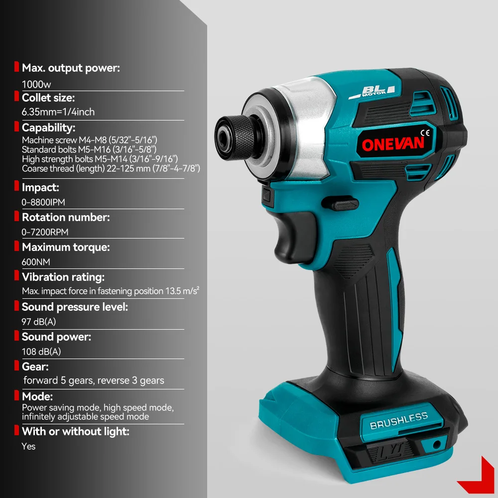 ONEVAN 5-Speed 600N.m Brushless Electric Screwdriver Rechargeable Cordless Electric Drill Screwdriver For Makita 18V Battery Pin