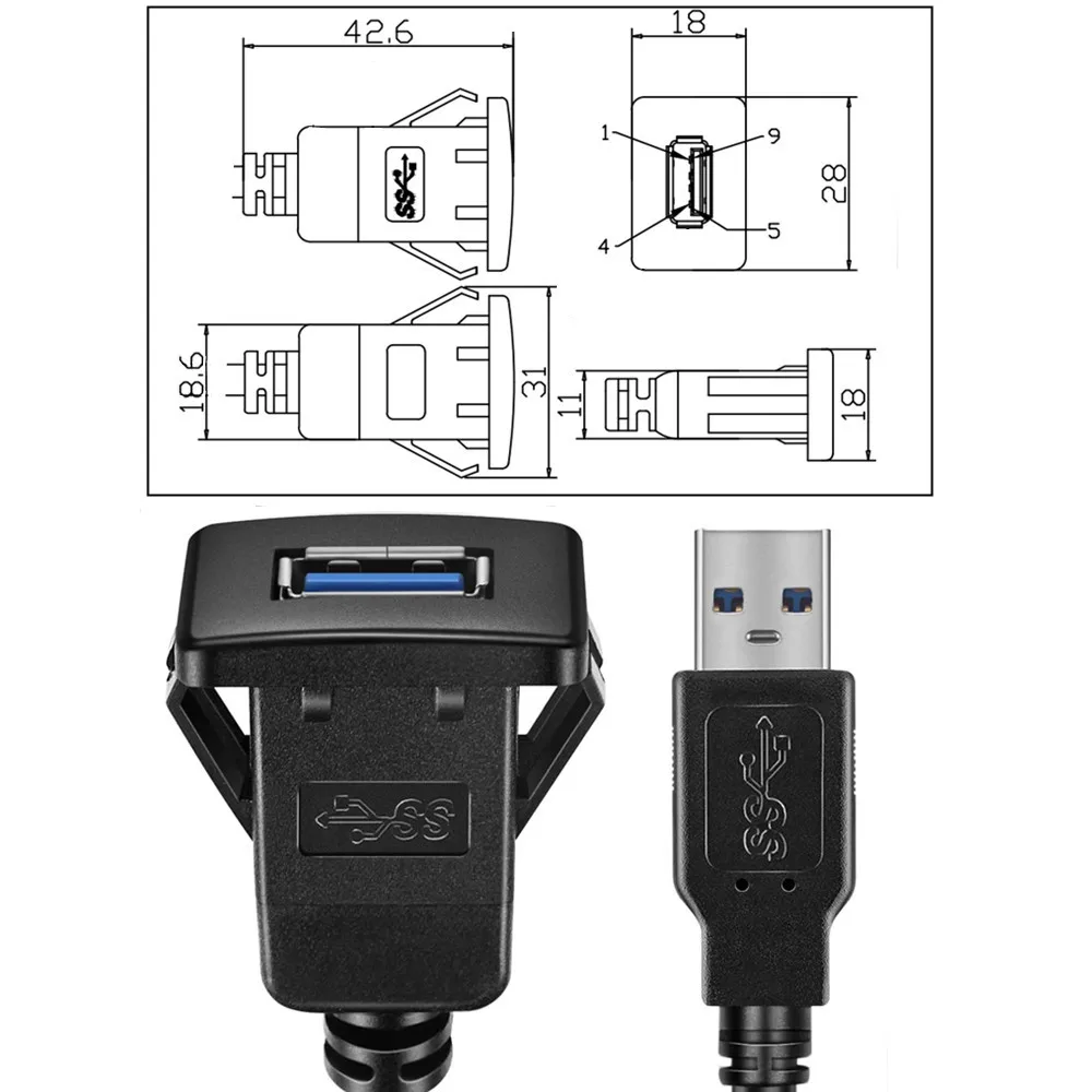 1m/2m USB Socket Cable USB3.0 Auto Car Flush Mount Male to Female Extension Cord Dashboard Panel Square USB cable for Motorcycle