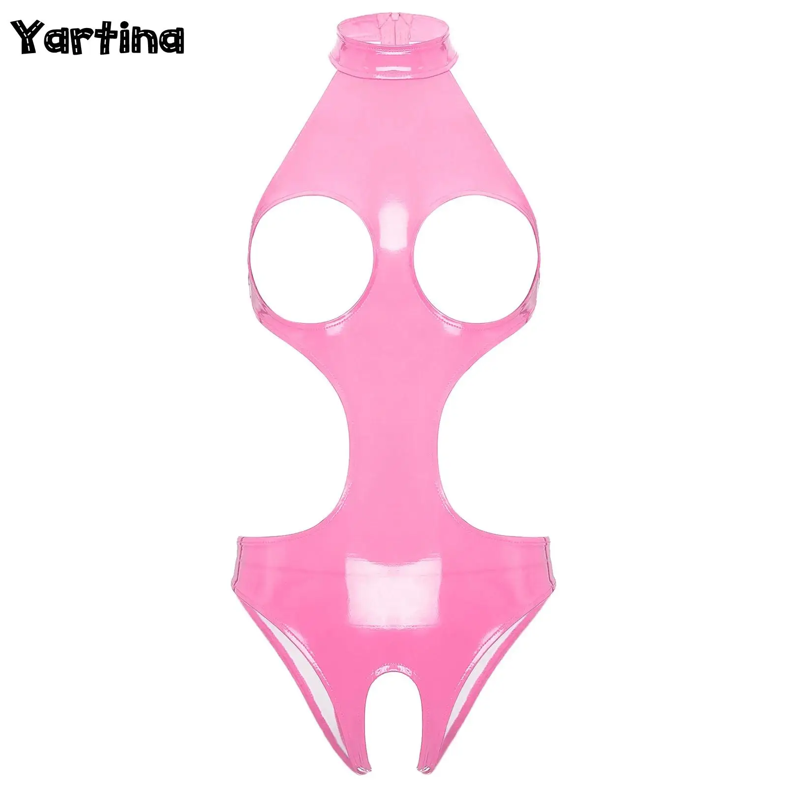 Womens Lingerie Latex Bodysuit Open Crotch Open Cup Bra Bodycon Catsuit Shiny Wet Look Hollow Out Zipper Erotic Teddies Costume