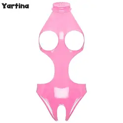 Womens Lingerie Latex Bodysuit Open Crotch Open Cup Bra Bodycon Catsuit Shiny Wet Look Hollow Out Zipper Erotic Teddies Costume