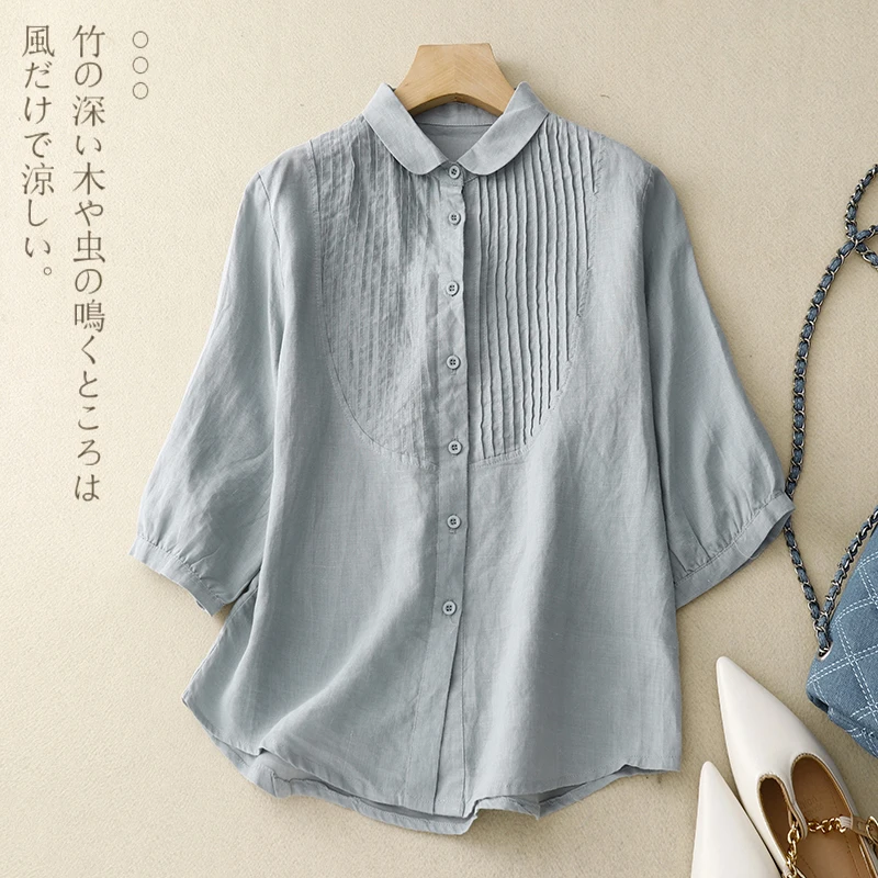 2024 Spring Summer Solid Brief Fasion Cotton Linen Blouse Shirt Button Elegant Office Ladies Women Casual Loose Tops Blusas