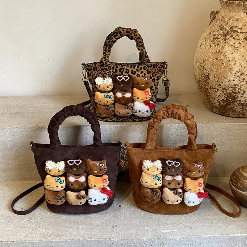 

Sanrio Hello Kitty Leopard Bucket Bag Women's Crossbody Bag 3D Doll Versatile Handbag Elegant Small Casual Single Shoulder Bag