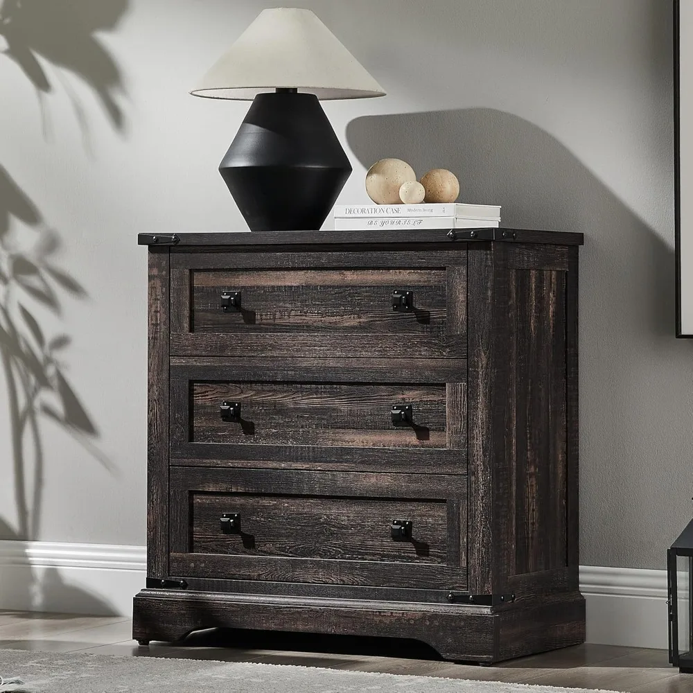 

Farmhouse Nightstand with Charging Station, Large End Table with 3 Storage Drawers, Rustic Wood Bedside Table for Bed