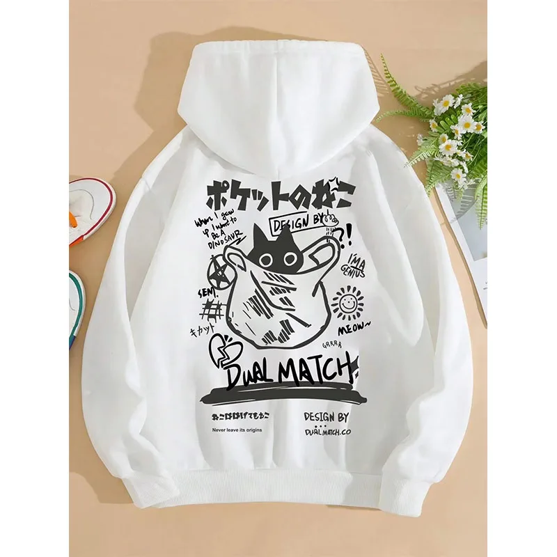 Cute Cat Cartoon Printed Sweatshirt Women Harajuku Casual Loose Hooded Fashion Soft Pocket Hoodies Autumn Warm Female Clothes