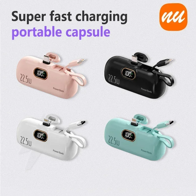 5000mAh Mini Capsule Power Bank 22.5W Fast Charging Portable Pocket Power Bank 2-in-1 Comes with Type-C and iPhone External Port