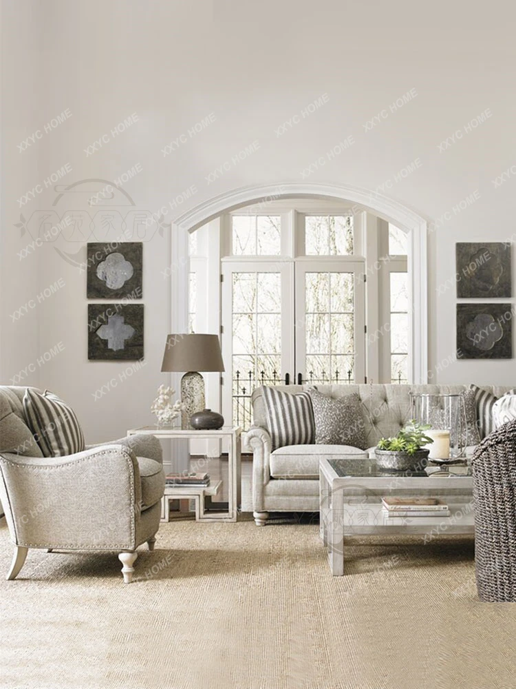 LX country fabric high-end solid wood sofa pull button cotton and linen single double three leisure light luxury retro