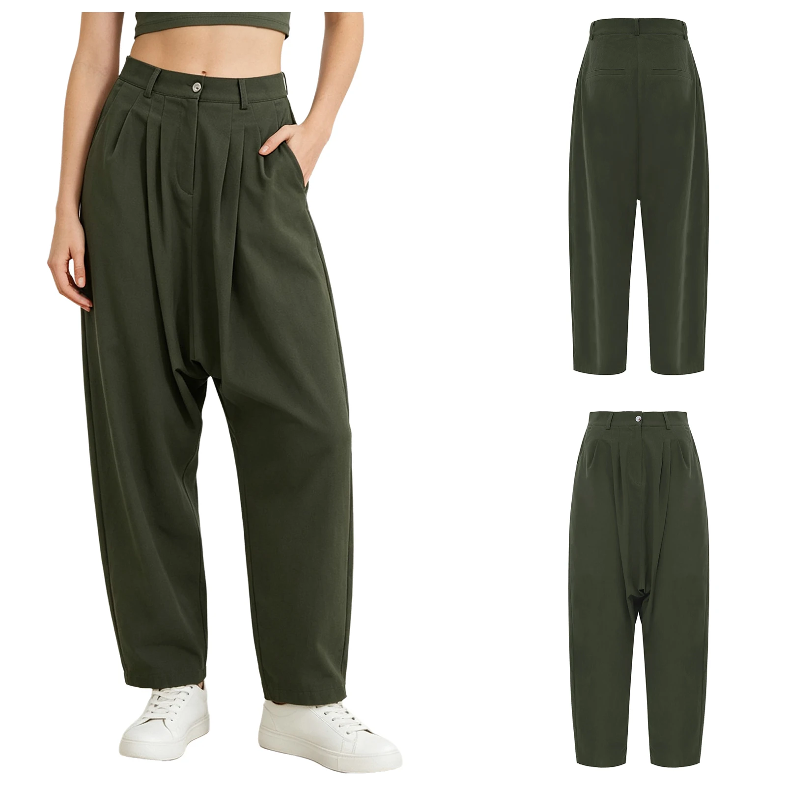 Women Elastic Waist Linen Casual Loose Palazzo Harem Pants Beach Holiday Office Work Baggy Trousers with Pockets Streetwear