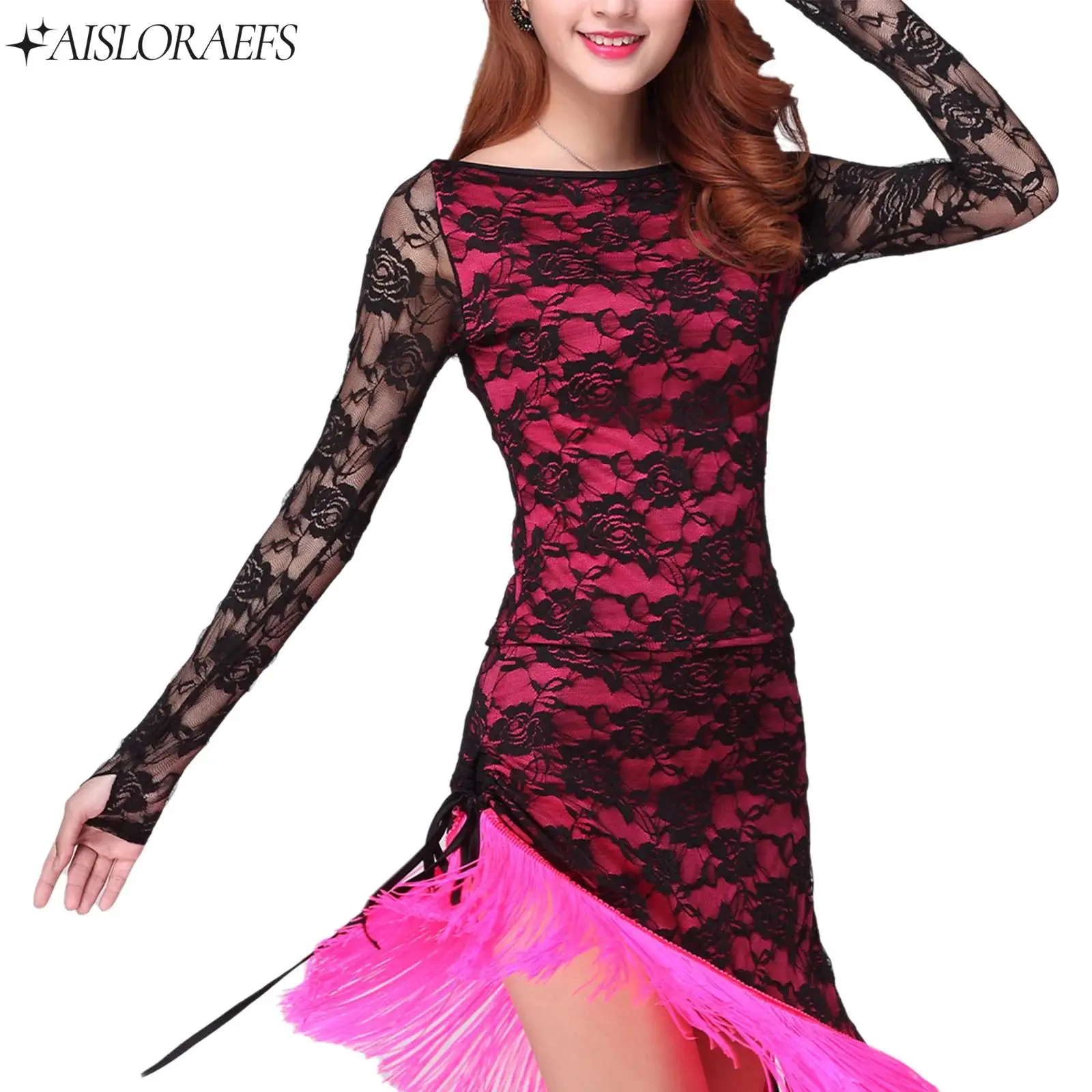 

Womens Adult Latin Dance Blouse Rose Sheer Lace Long Sleeve Pullover Tops Slim Shirt Chacha Modern Dancing Costume Daily Wear