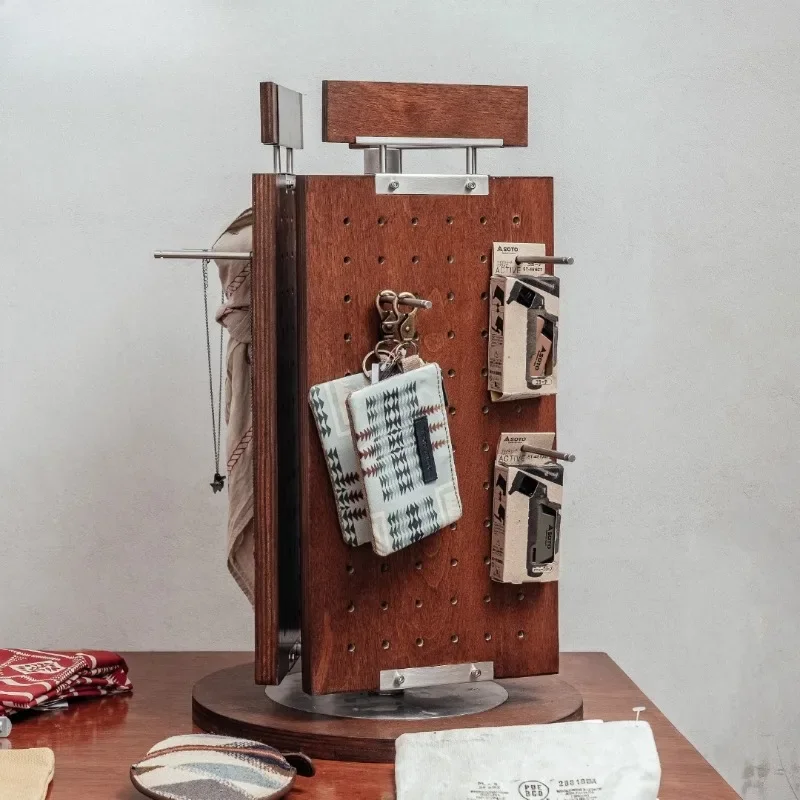 Rotating hole board display rack, three-sided rotating retro industrial wind rack, wooden jewelry hanger