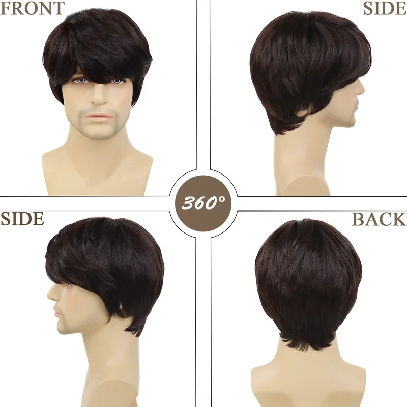 GNIMEGIL Synthetic Hair Short Wigs for Men Brown Color Male Korean Wigs with Bangs Cosplay Halloween Costume Party Wig Hairstyle