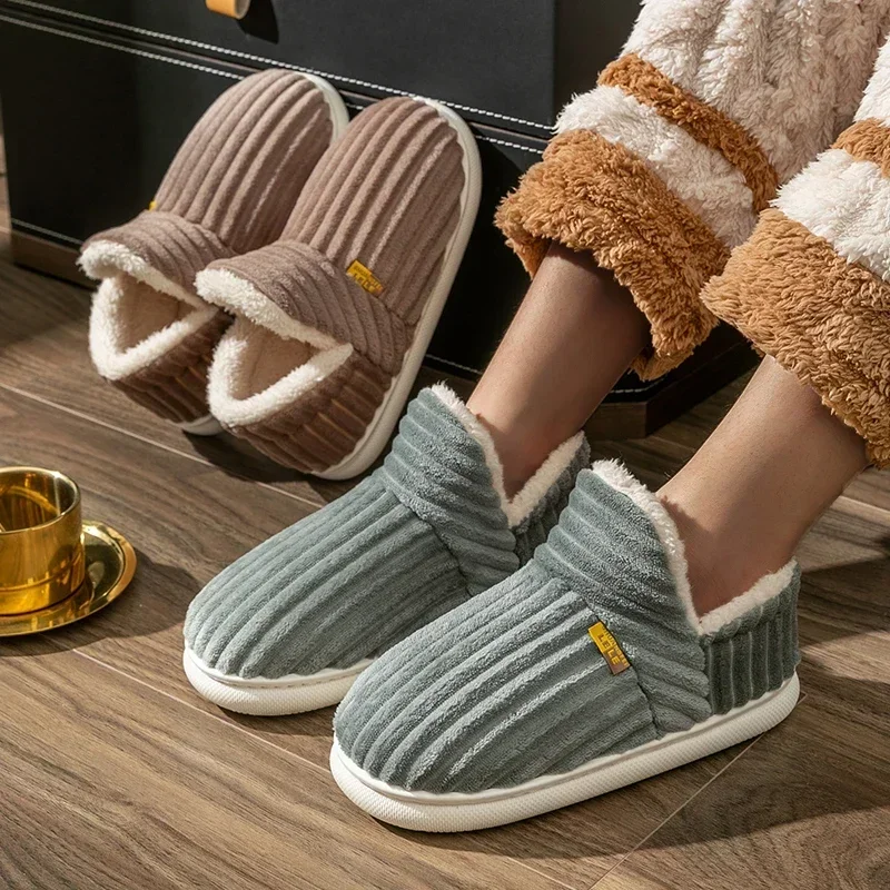 Winter Couple Style Simple Stripes Wrap Heels Plush Slippers Male Non-slip Soft Warm Flip Flops Men Home Casual Cotton Shoes