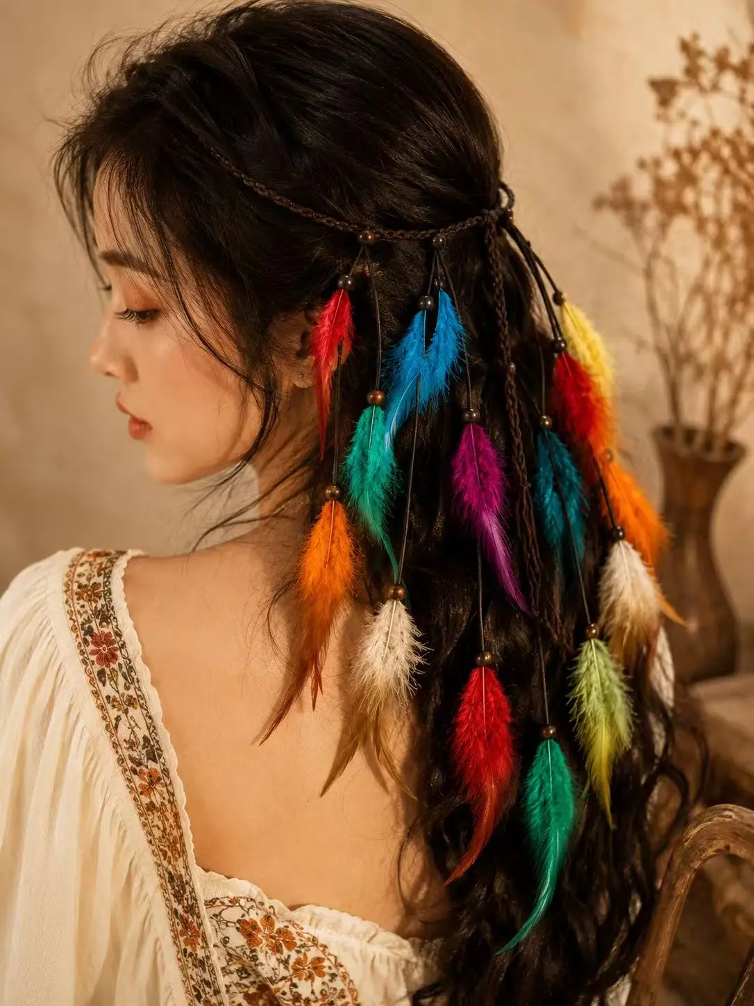 Women's Bohemian Headband Hippie Hairband Rainbow Hair Accessories Bohemian Feather Headband Women's Headband Sweatband Fashion view 4