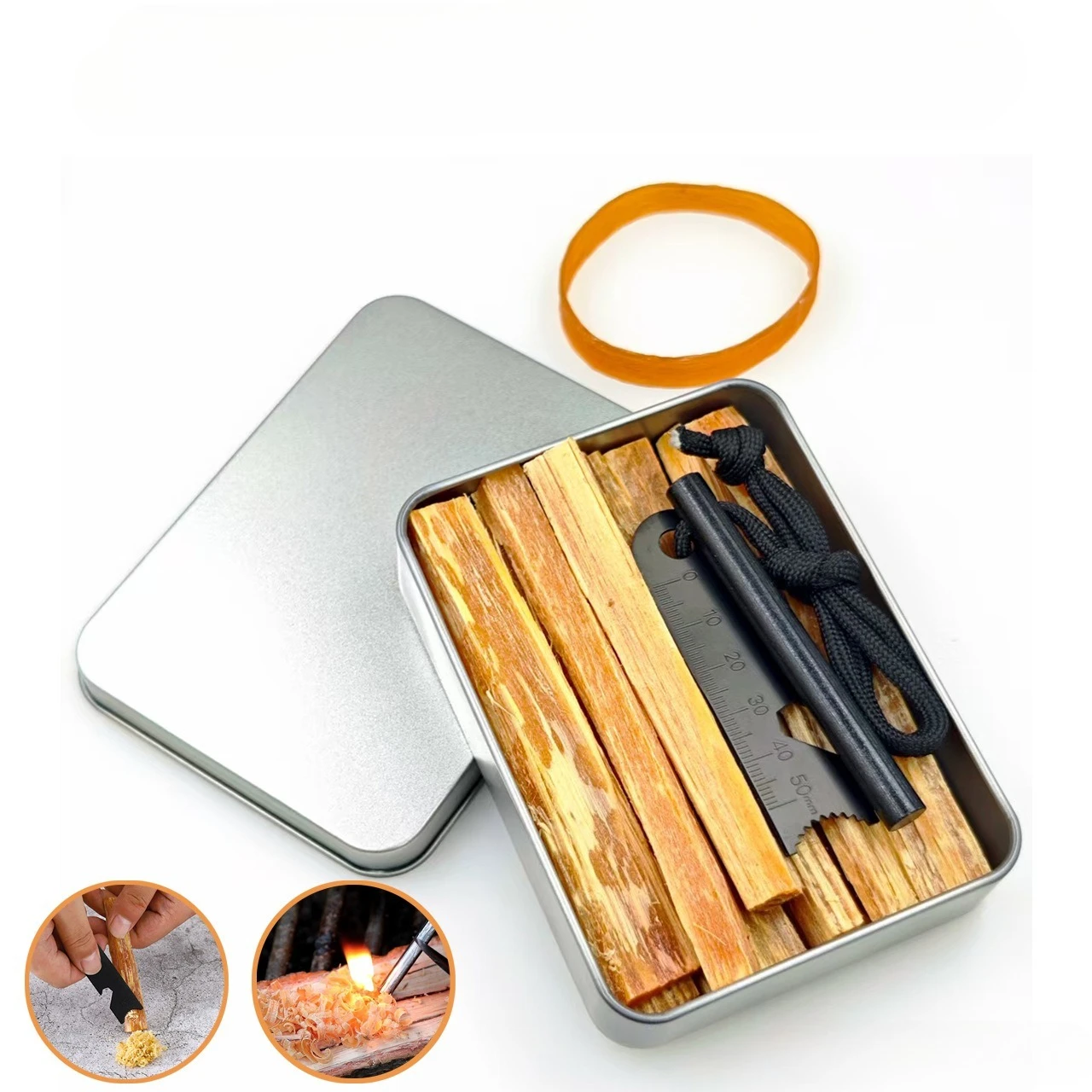 Outdoor Camping Fire-supporting Lighting, Pine Mingzi Flint and Steel, Primitive Survival Fire Starter, Portable Iron Box Set
